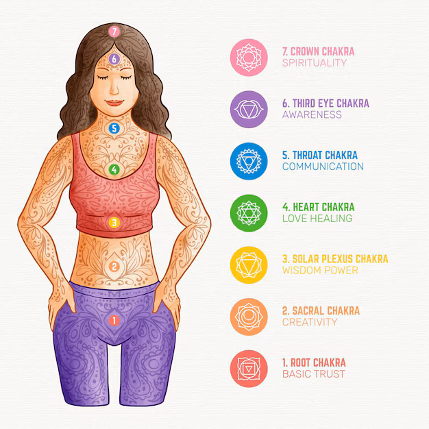 Detailed chart of the seven main chakras with their names, locations, and associated spiritual powers